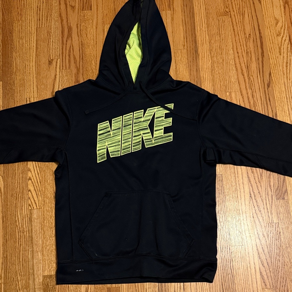 Nike Men's Black Crewneck Hoodie with Neon Green Logo